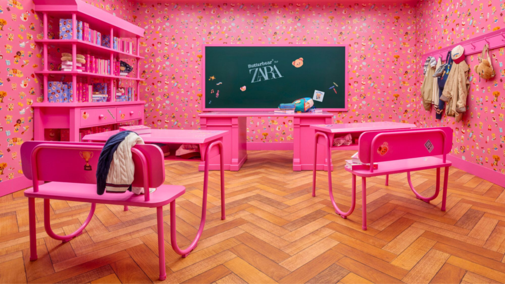 Immersive retail space inspired by anemoia, featuring vibrant pink interiors, nostalgic design elements, and themed experiential environments that create emotional connections with consumers.