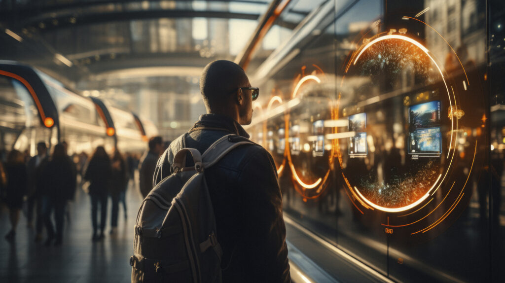 Consumer interacting with immersive digital technology in a connected retail environment, representing the future of customer journey and smart retail experiences.