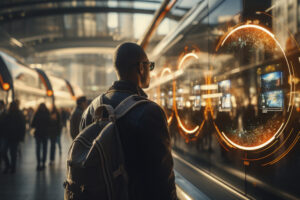 Consumer interacting with immersive digital technology in a connected retail environment, representing the future of customer journey and smart retail experiences.