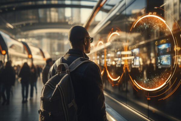 Consumer interacting with immersive digital technology in a connected retail environment, representing the future of customer journey and smart retail experiences.