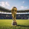 Troféu da Copa do Mundo em estádio de futebol representando oportunidades de experiência, engajamento e marketing durante a Copa do Mundo no varejo.