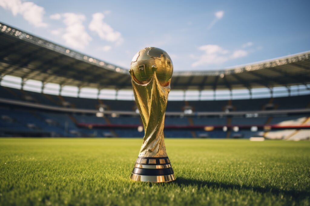 Troféu da Copa do Mundo em estádio de futebol representando oportunidades de experiência, engajamento e marketing durante a Copa do Mundo no varejo.