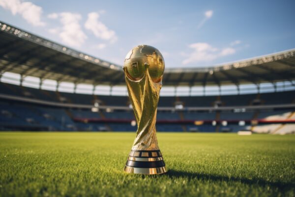 Troféu da Copa do Mundo em estádio de futebol representando oportunidades de experiência, engajamento e marketing durante a Copa do Mundo no varejo.